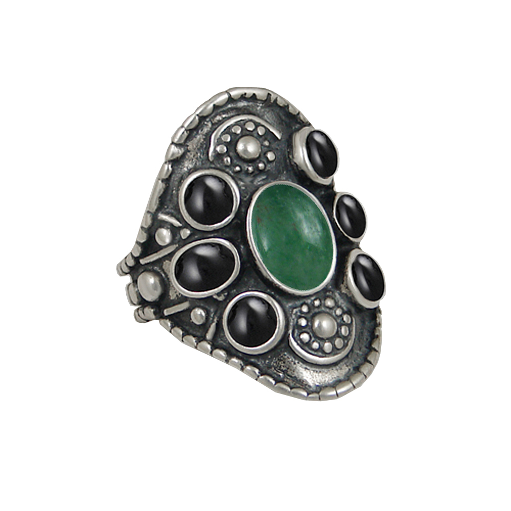Sterling Silver High Queen's Ring With Jade And Black Onyx Size 10